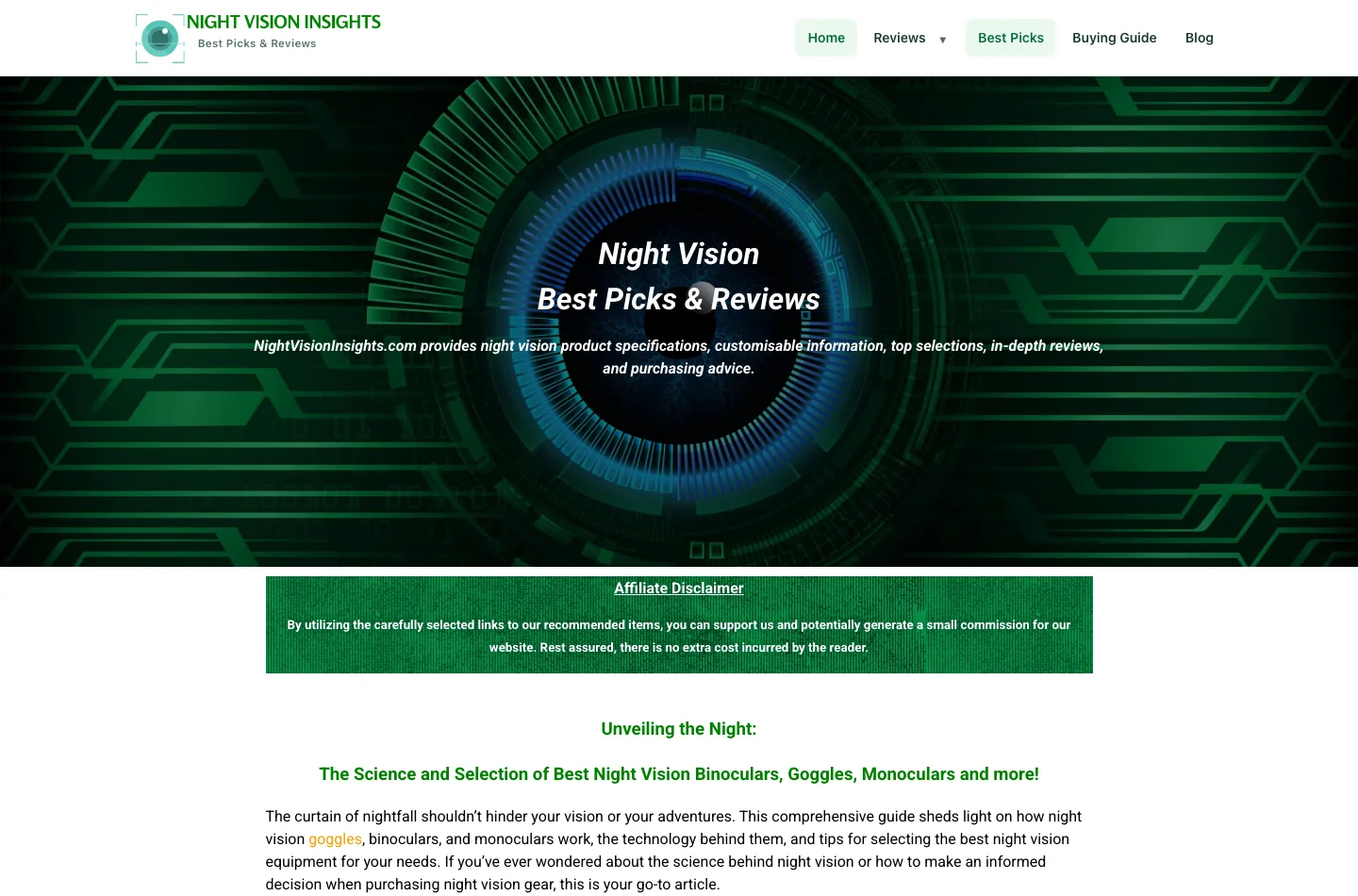 Screenshot of the Night Vision Insights website homepage